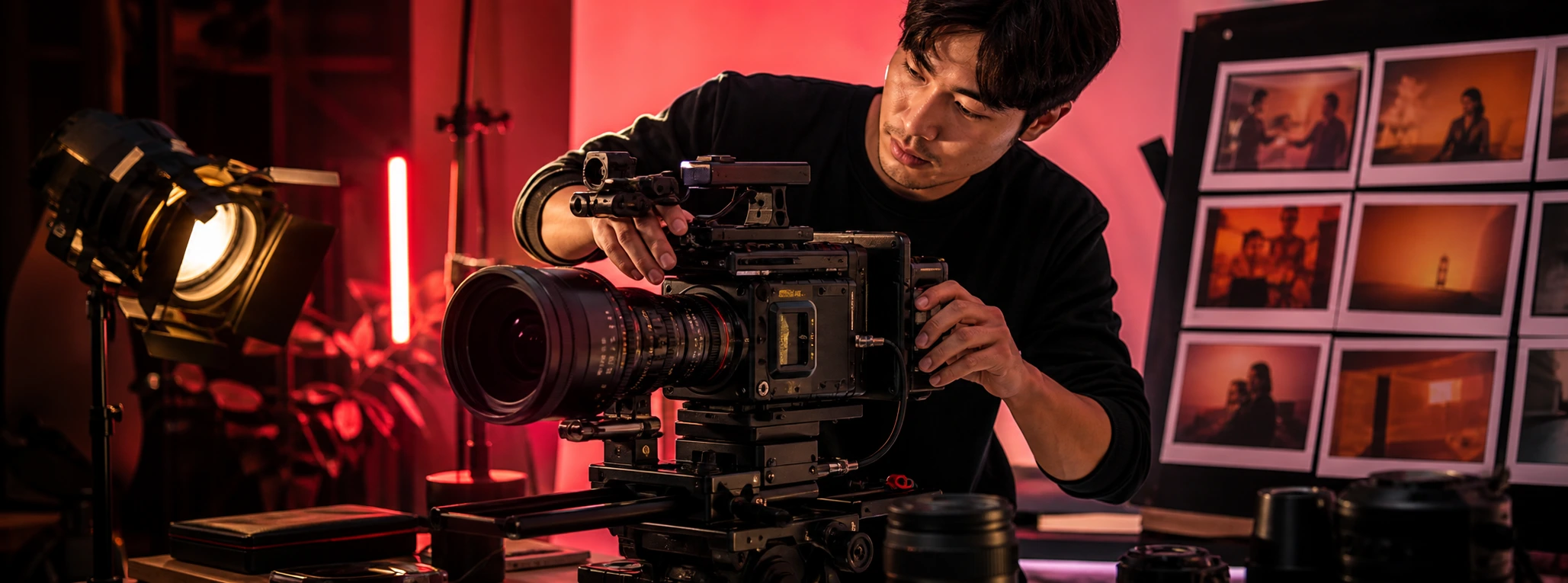 Filmmaker preparing a professional cinema camera in a content studio