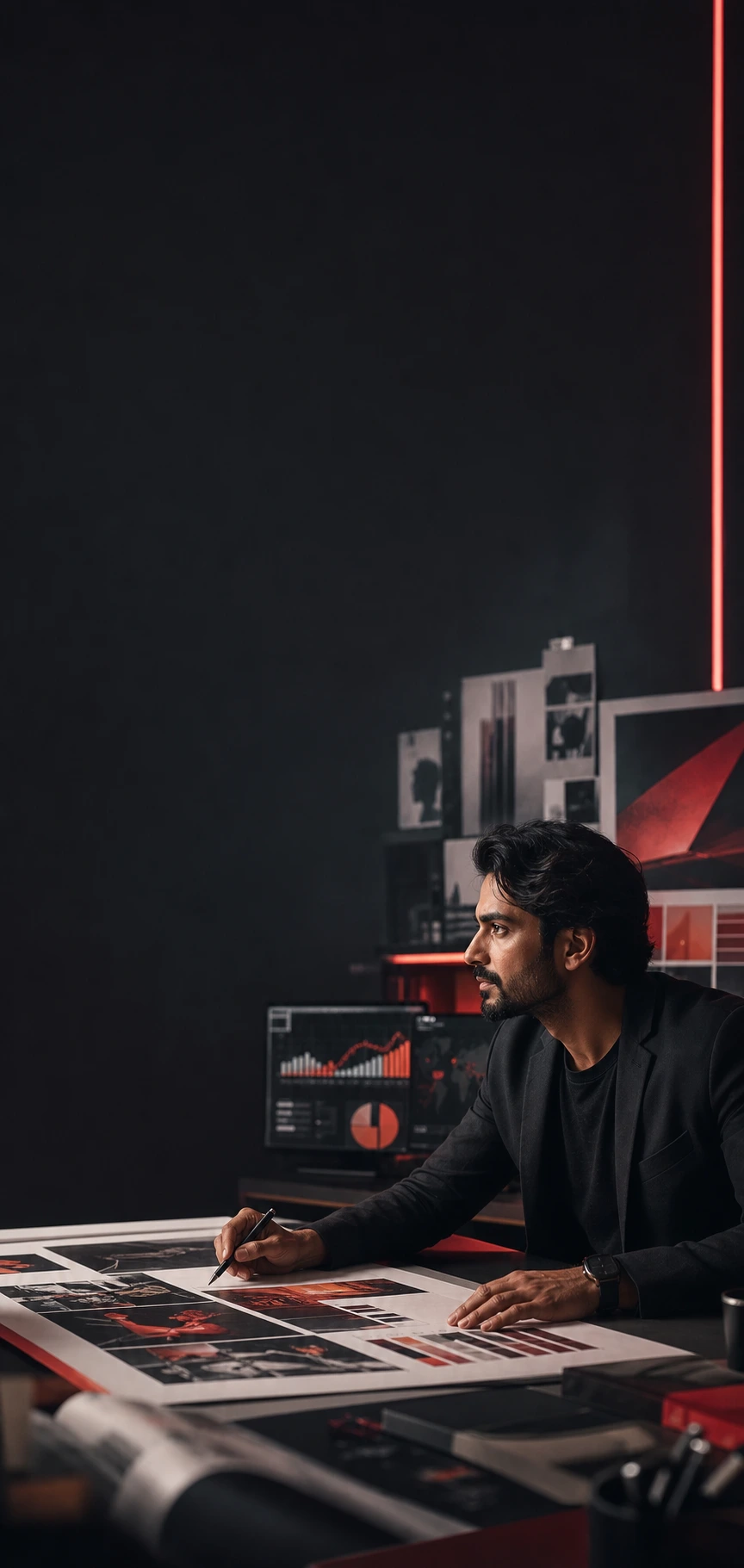 Creative growth strategist reviewing a campaign in a PrysmNexus red and graphite studio